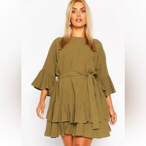 BOOHOO green ruffle hem tie waist smock dress sz 16